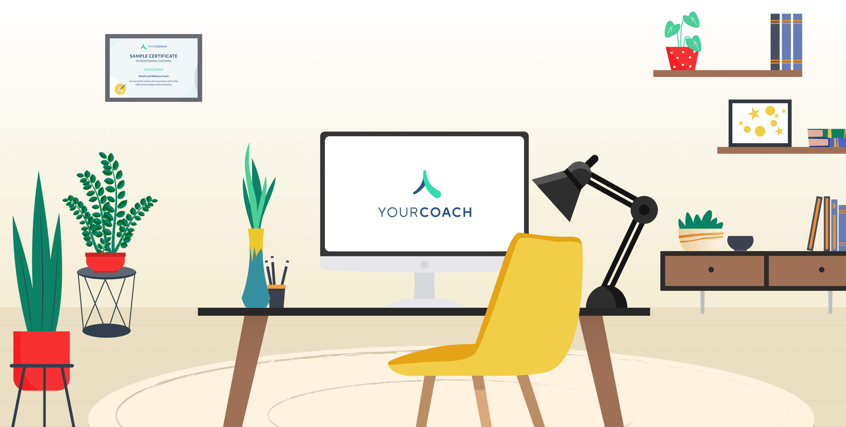office with yourcoach logo on the monitor